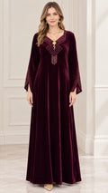 Burgundy embellished velvet maxi dress front view