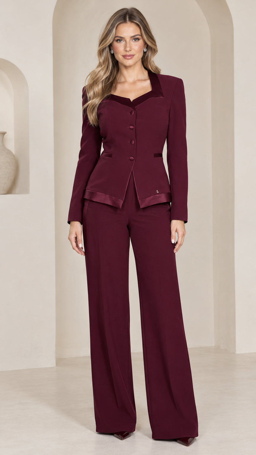 Front view of model wearing burgundy satin-trimmed blazer and wide-leg trousers
