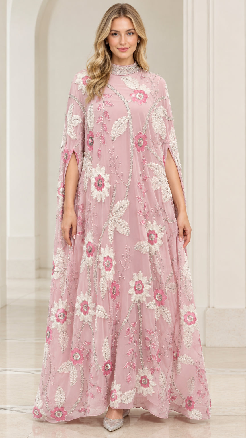 Dusty pink floral embroidered cape evening gown with beaded high neck front view