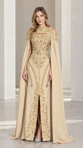 Champagne embellished cape evening gown with front slit front view