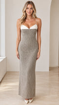 Front view of model wearing grey tweed maxi dress with white contrast sweetheart bustier