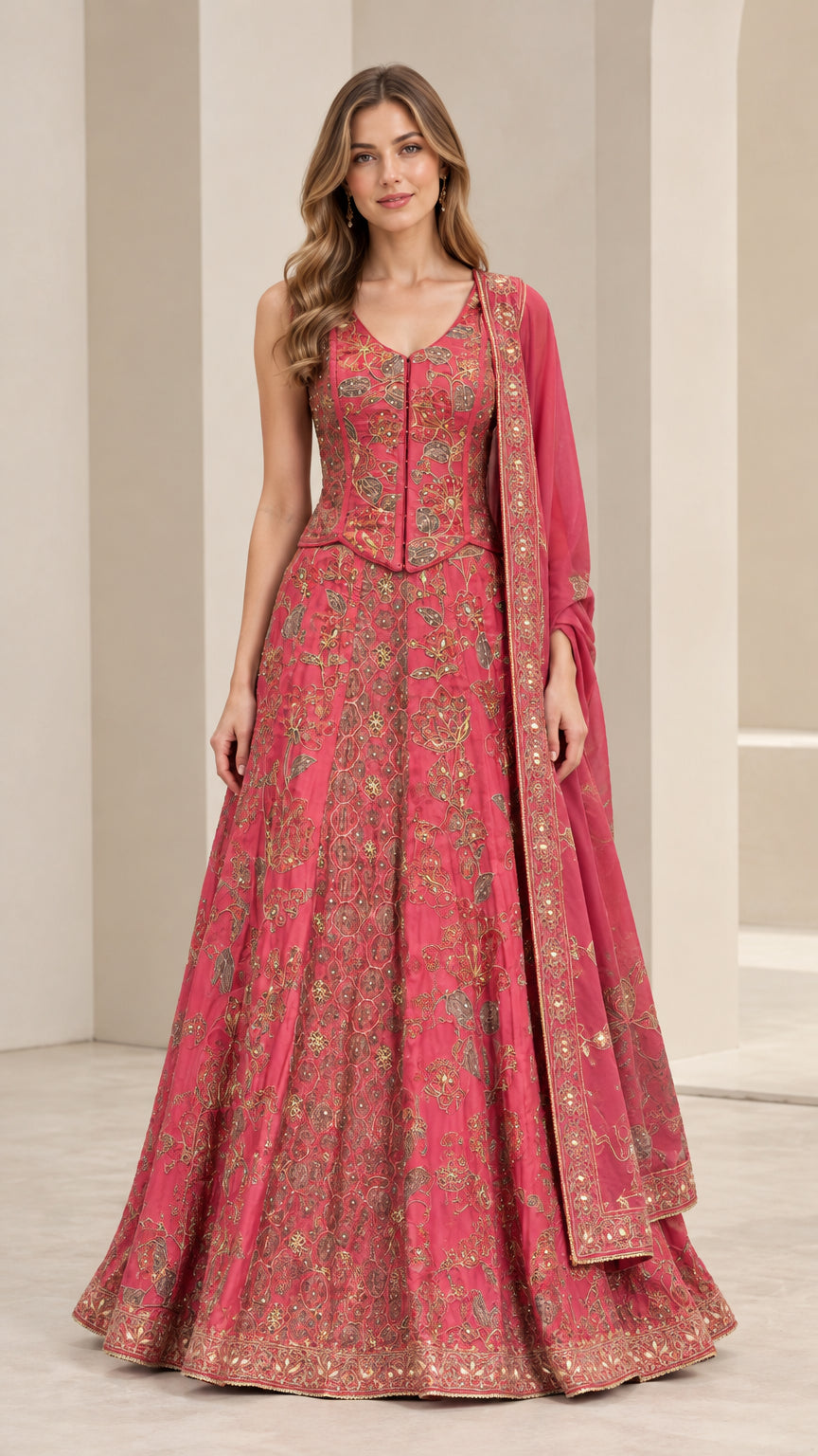 Front full-length view of woman wearing rose pink embroidered corset top and flared lehenga skirt set