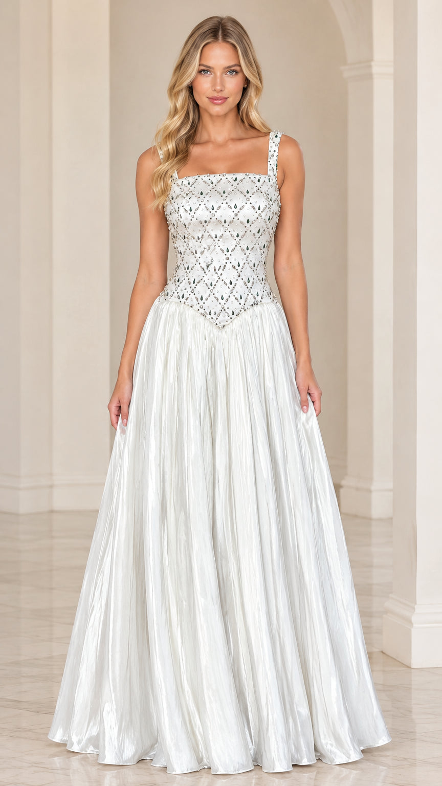 White embellished basque waist pleated evening gown front view