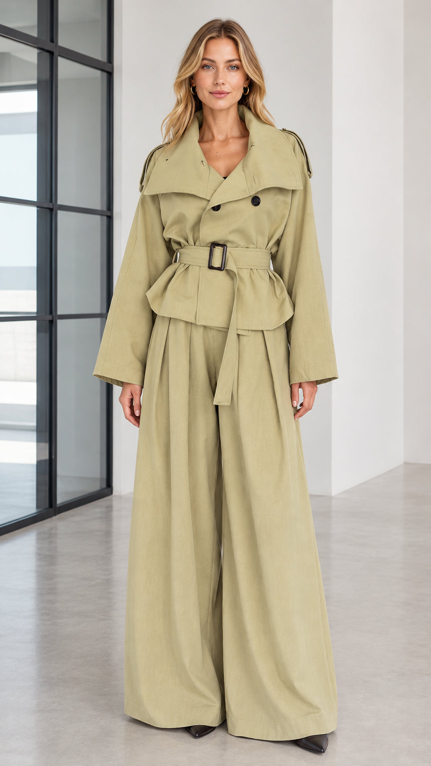 Front full view of woman wearing sage green belted trench jacket and wide-leg pant suit set
