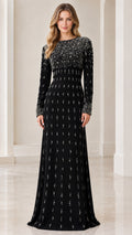 Front view of woman wearing Black long-sleeve beaded maxi evening gown