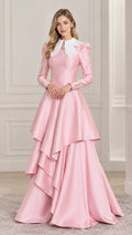Front full-length view of woman wearing pink Victorian contrast collar tiered maxi gown