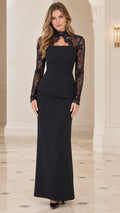 Front view of model wearing black floral lace peplum formal maxi dress
