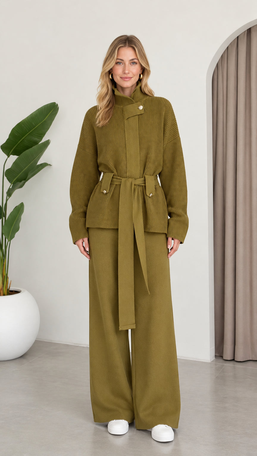 Full front view of model wearing the Olive Green ribbed knit belted top and wide-leg pants set