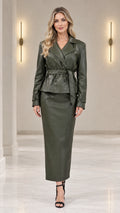 Front full-length view of model wearing olive green embossed faux leather belted blazer and maxi skirt set