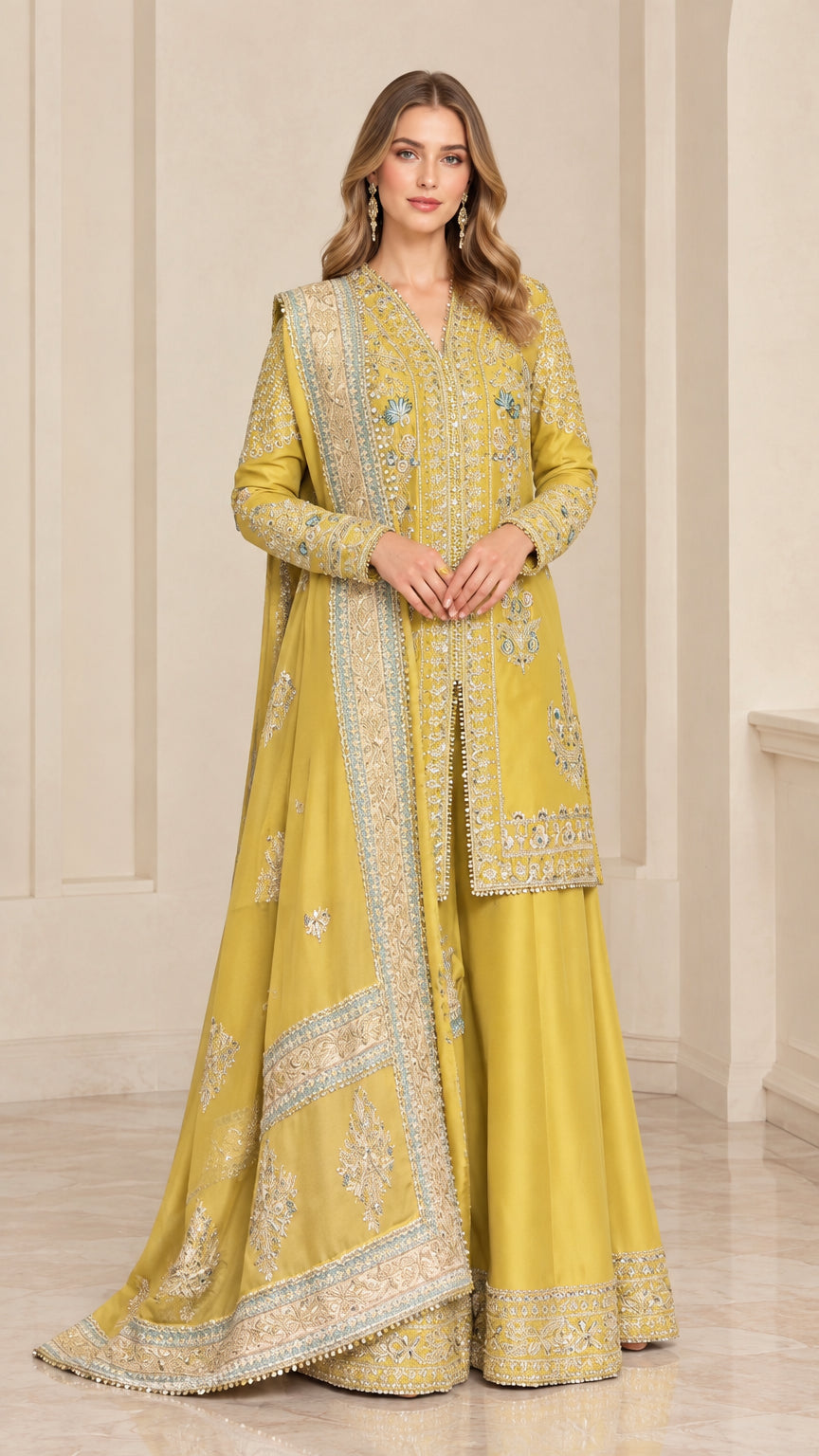 Front full-length view of woman wearing Mustard Gold embroidered 3-piece sharara suit set