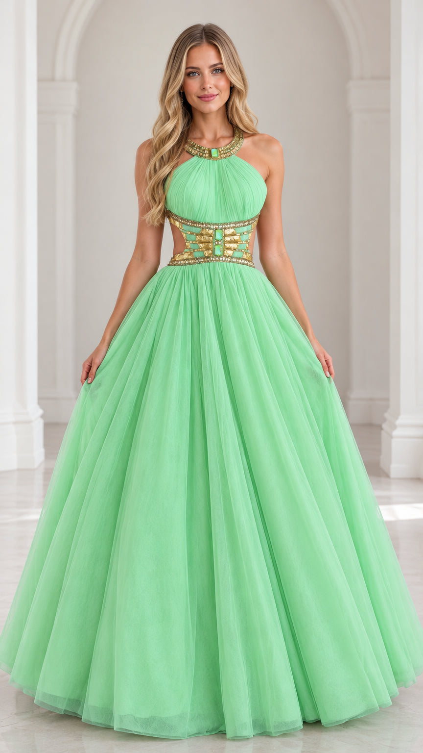 Front view of model wearing mint green halter beaded cutout tulle ball gown