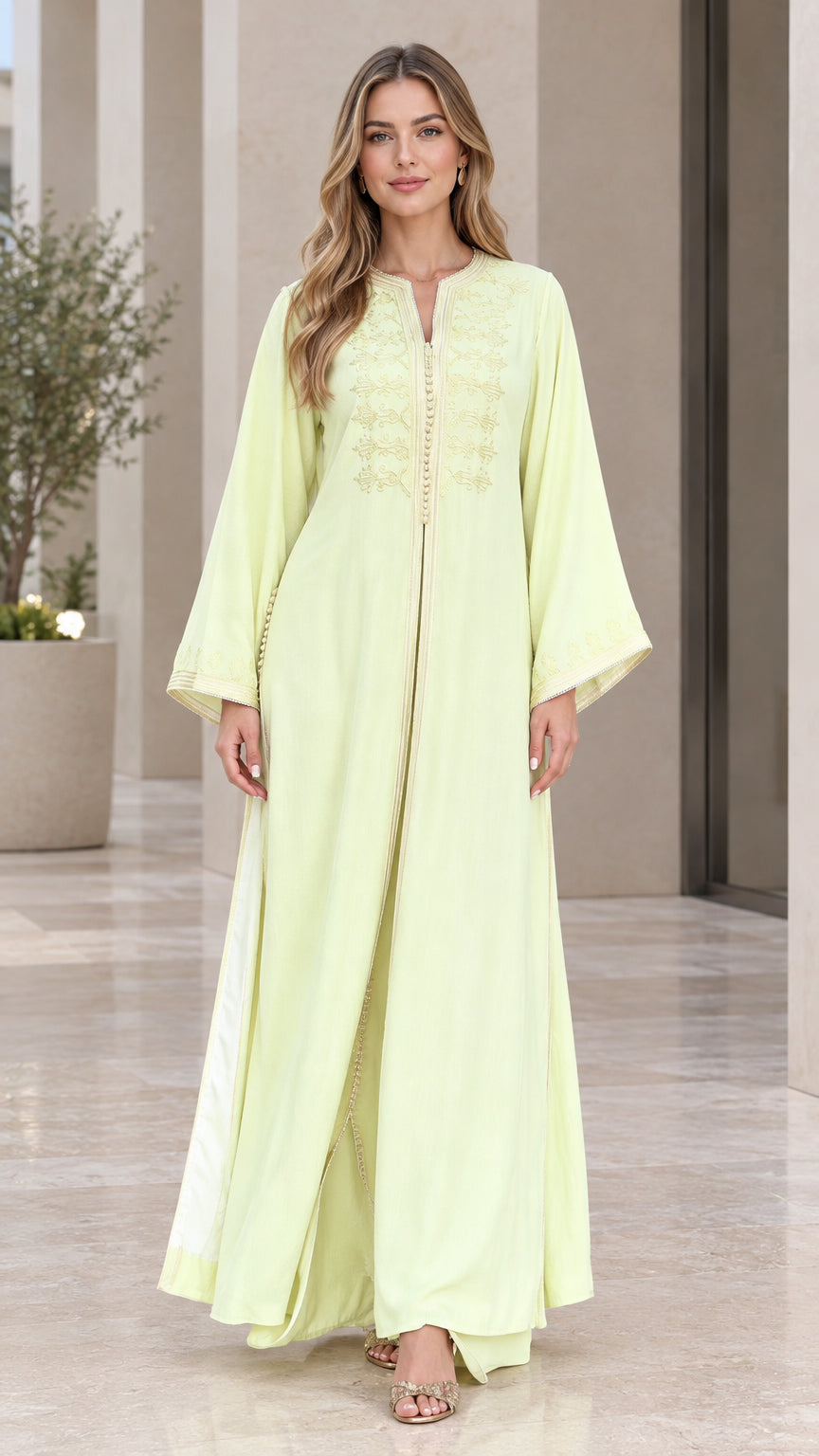Light green embroidered kaftan maxi dress with wide bell sleeves front view