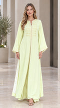 Light green embroidered kaftan maxi dress with wide bell sleeves front view