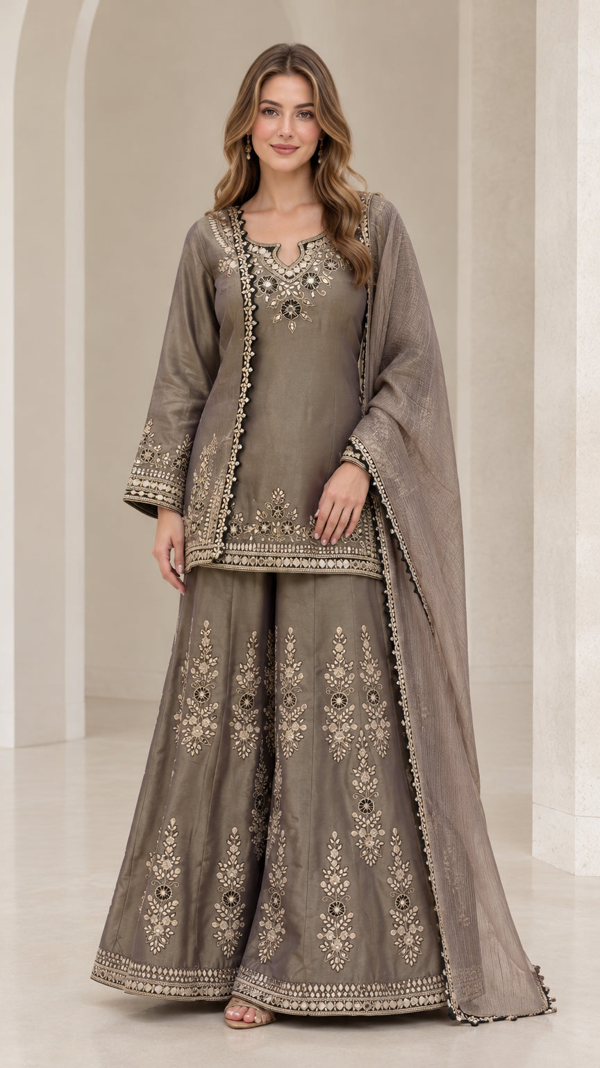 Front view of woman wearing taupe grey embroidered kurti sharara suit set with dupatta