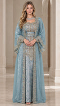 Full front view of elegant dusty blue embroidered kaftan maxi dress with flared sleeves
