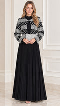 Black sequined jacket overlay pleated maxi evening dress front view