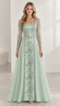 Sage Green square neck embroidered long sleeve evening gown front view