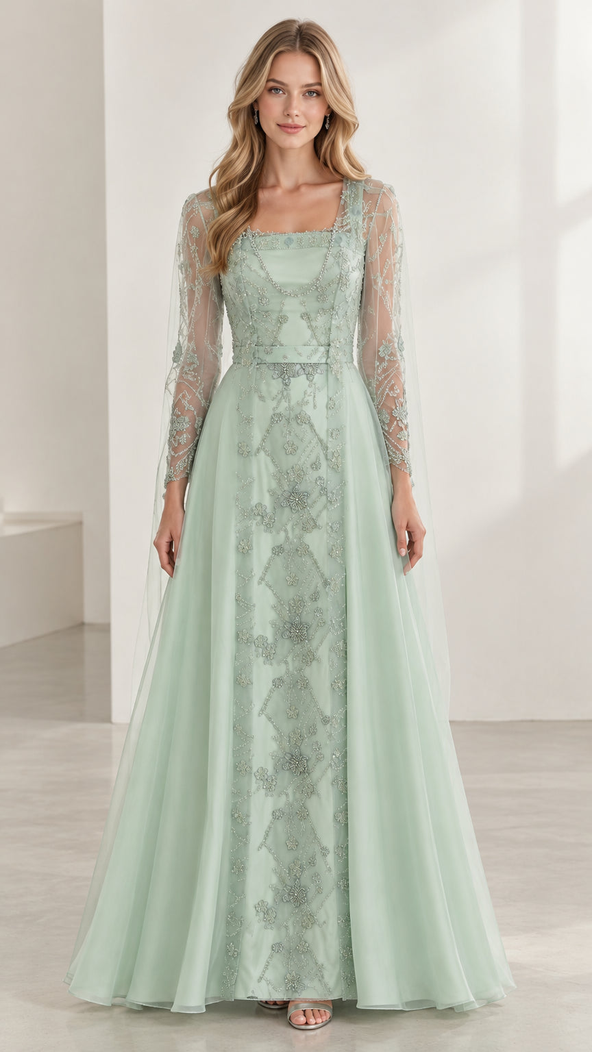 Sage Green square neck embroidered long sleeve evening gown front view