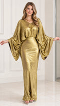 Full front view of model wearing gold metallic batwing sleeve maxi evening dress