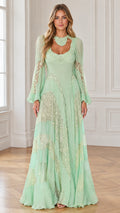 Front full-length view of mint green vintage lace collar bell sleeve maxi dress