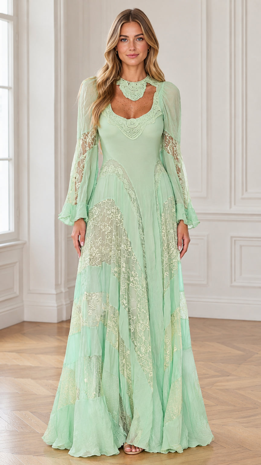 Front full-length view of mint green vintage lace collar bell sleeve maxi dress
