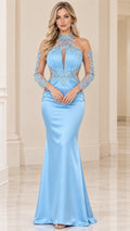 Front view of model wearing light blue illusion lace satin mermaid evening gown
