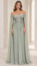 Sage Green off-the-shoulder evening gown with crystal trim and flowing cape sleeves - front view