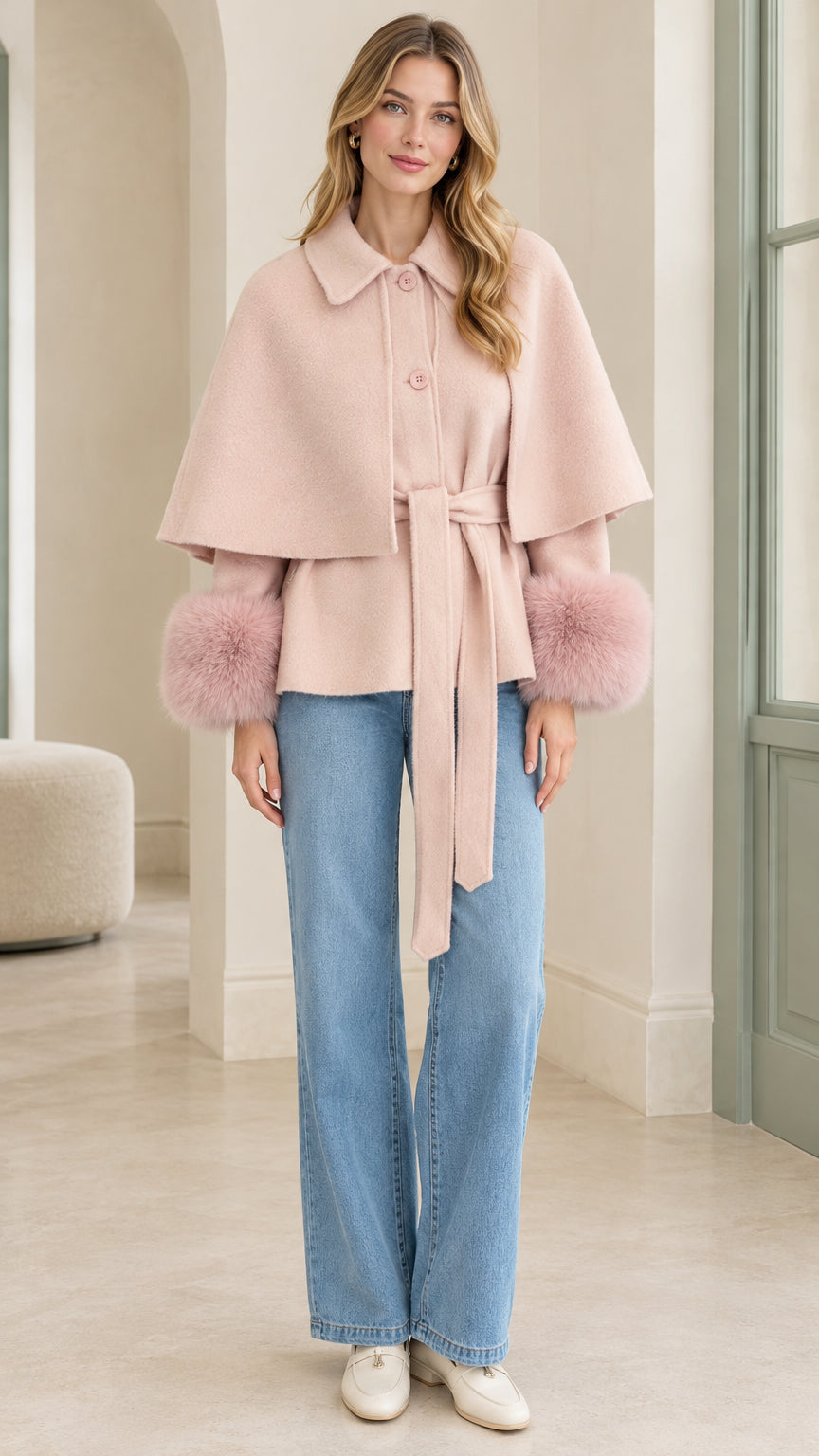 Front view of model wearing Blush Pink belted cape jacket with faux fur cuffs and jeans