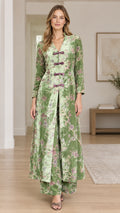 Full front view of model wearing Sage Green floral velvet tunic and wide-leg pant set