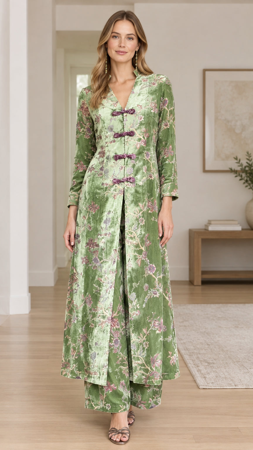 Full front view of model wearing Sage Green floral velvet tunic and wide-leg pant set