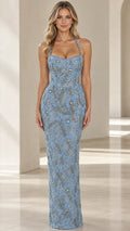 Front view of woman wearing Dusty Blue beaded floral halter evening gown