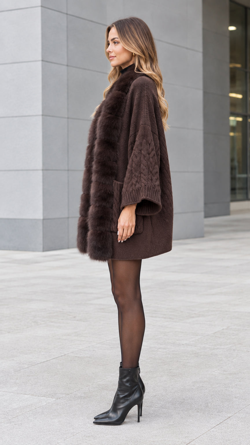 Side profile view of woman wearing brown faux fur trim knit cardigan coat