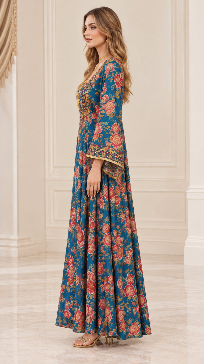 Side profile view of woman wearing peacock blue floral maxi gown