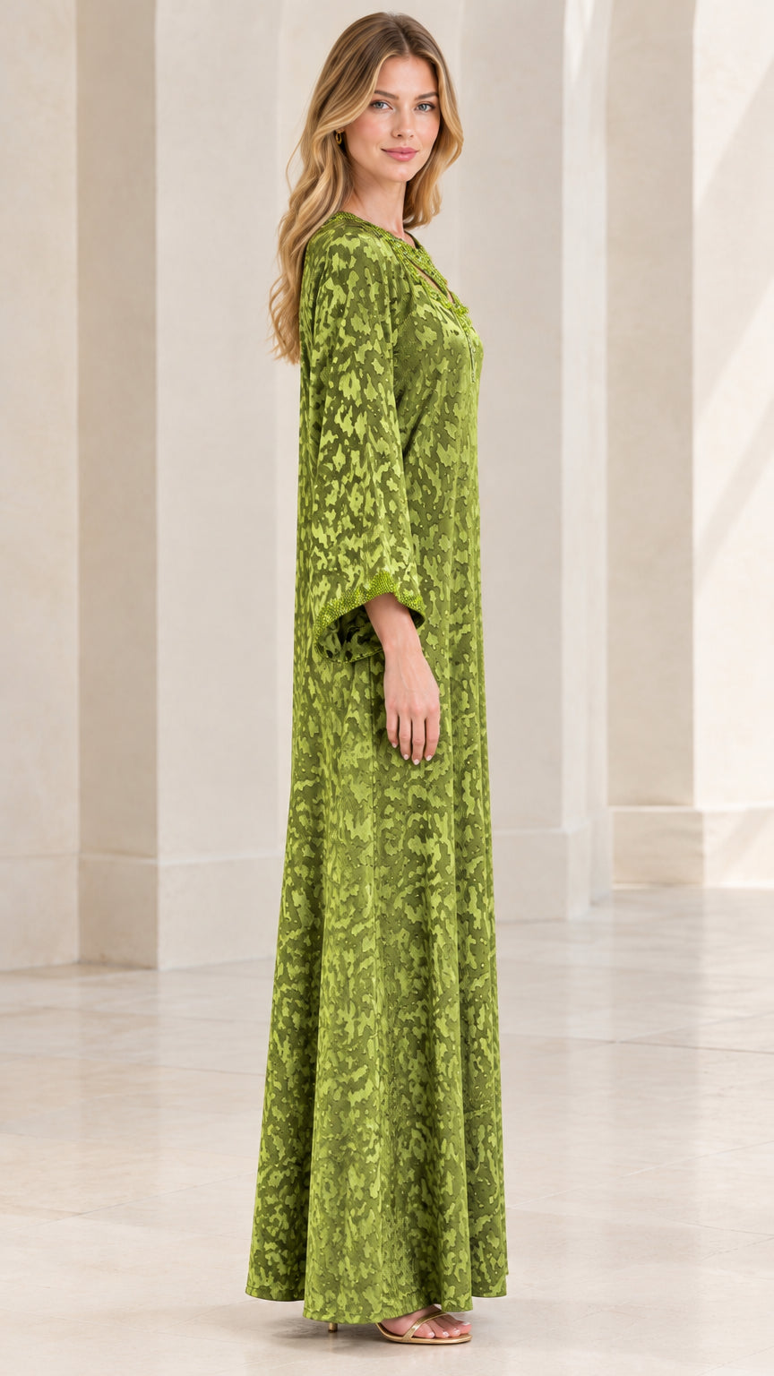Side angle view of Olive Green long sleeve kaftan maxi dress