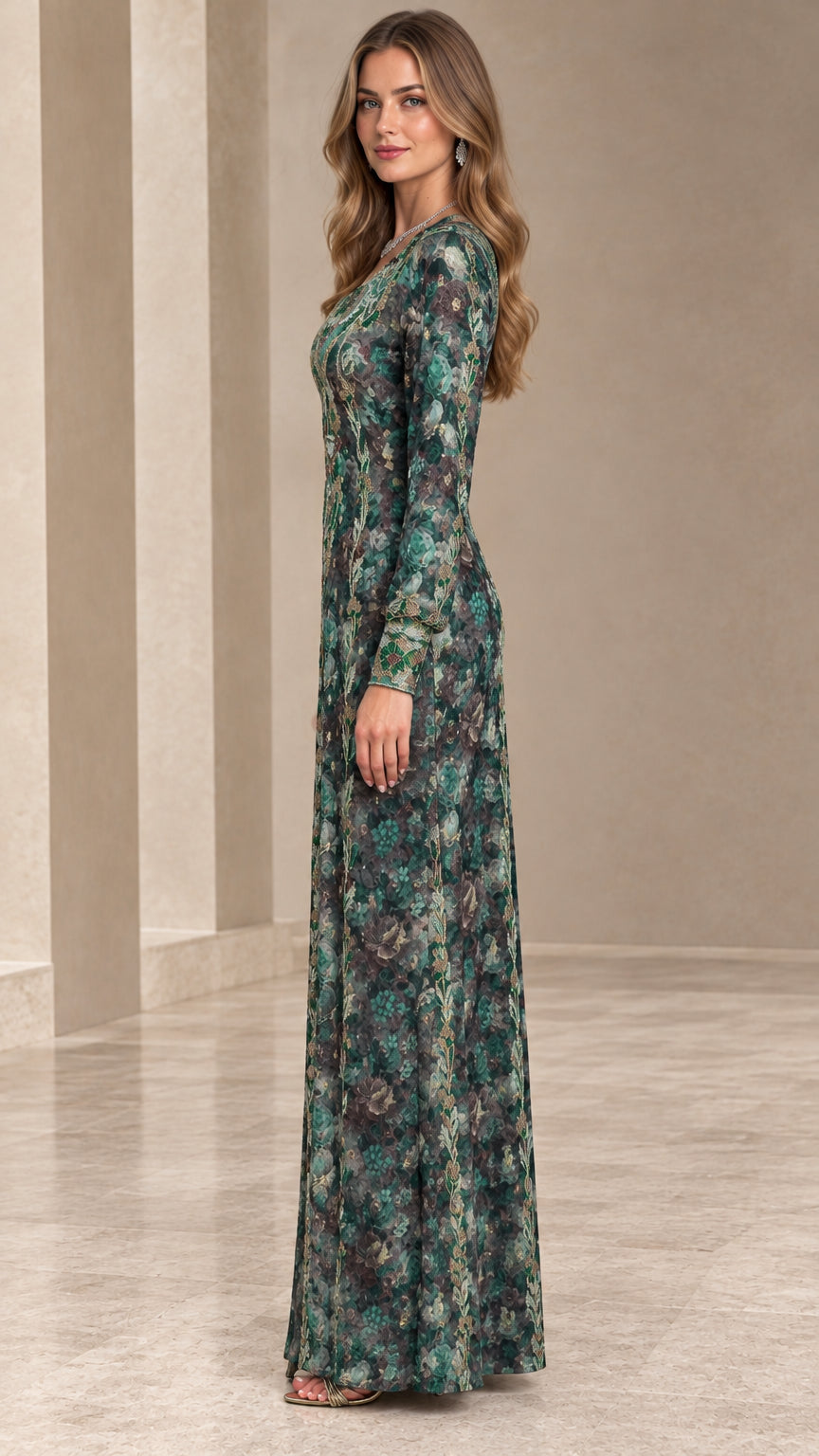 Side profile view of emerald green floral long sleeve evening gown