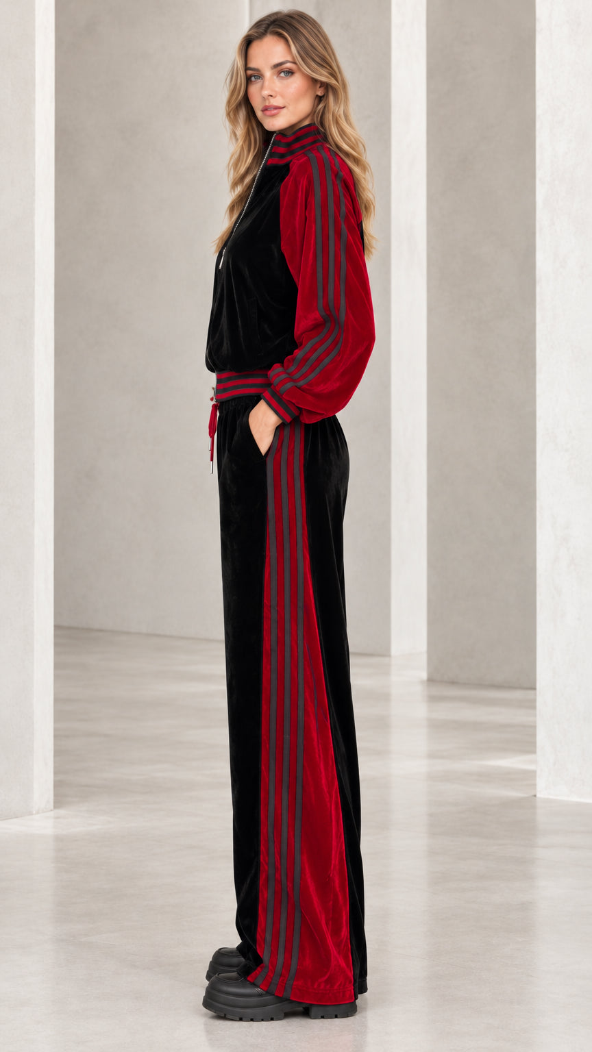 Side profile view of model wearing black and wine red velvet tracksuit set