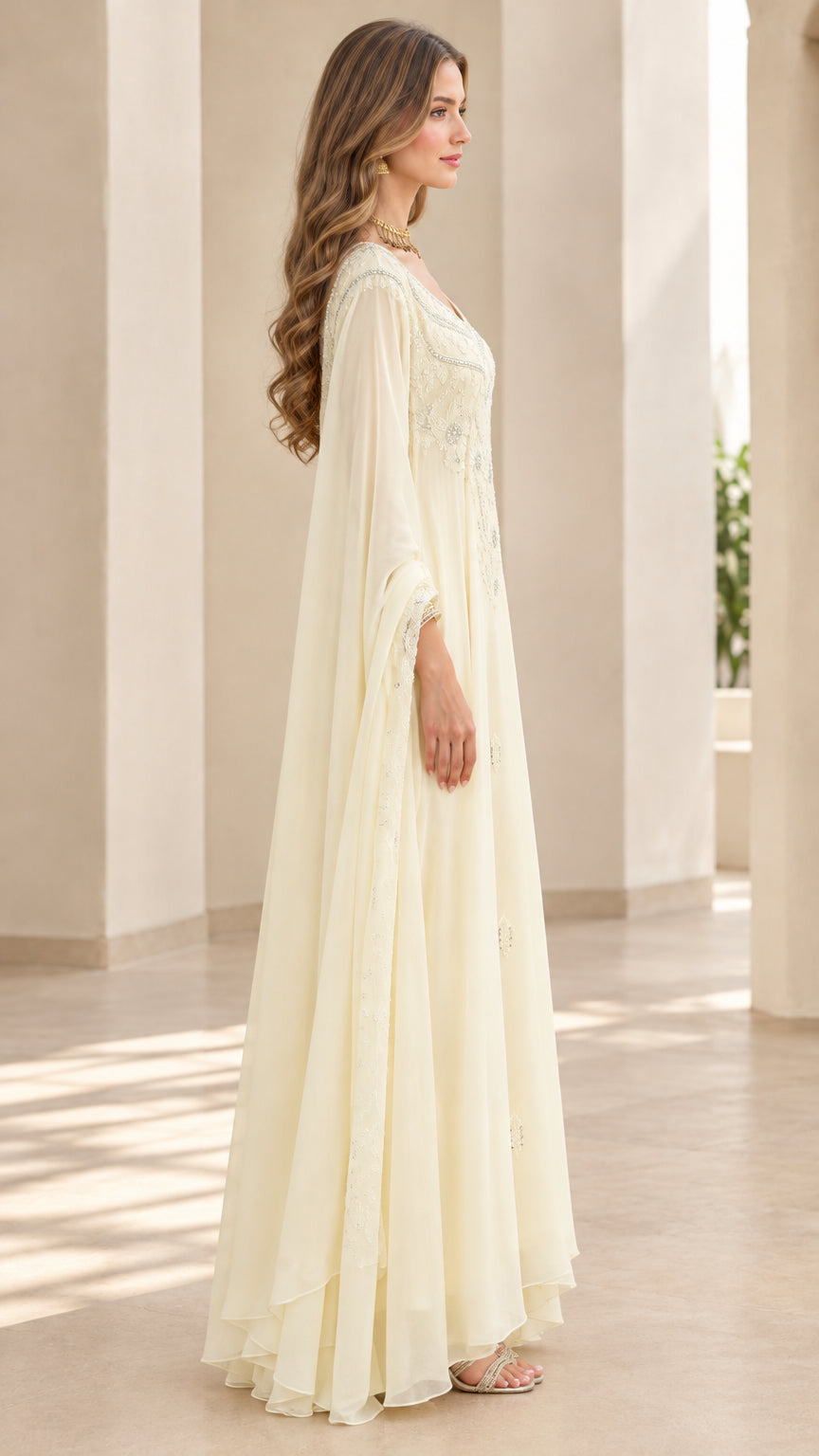 Side angle view of flowing ivory cape sleeve maxi dress