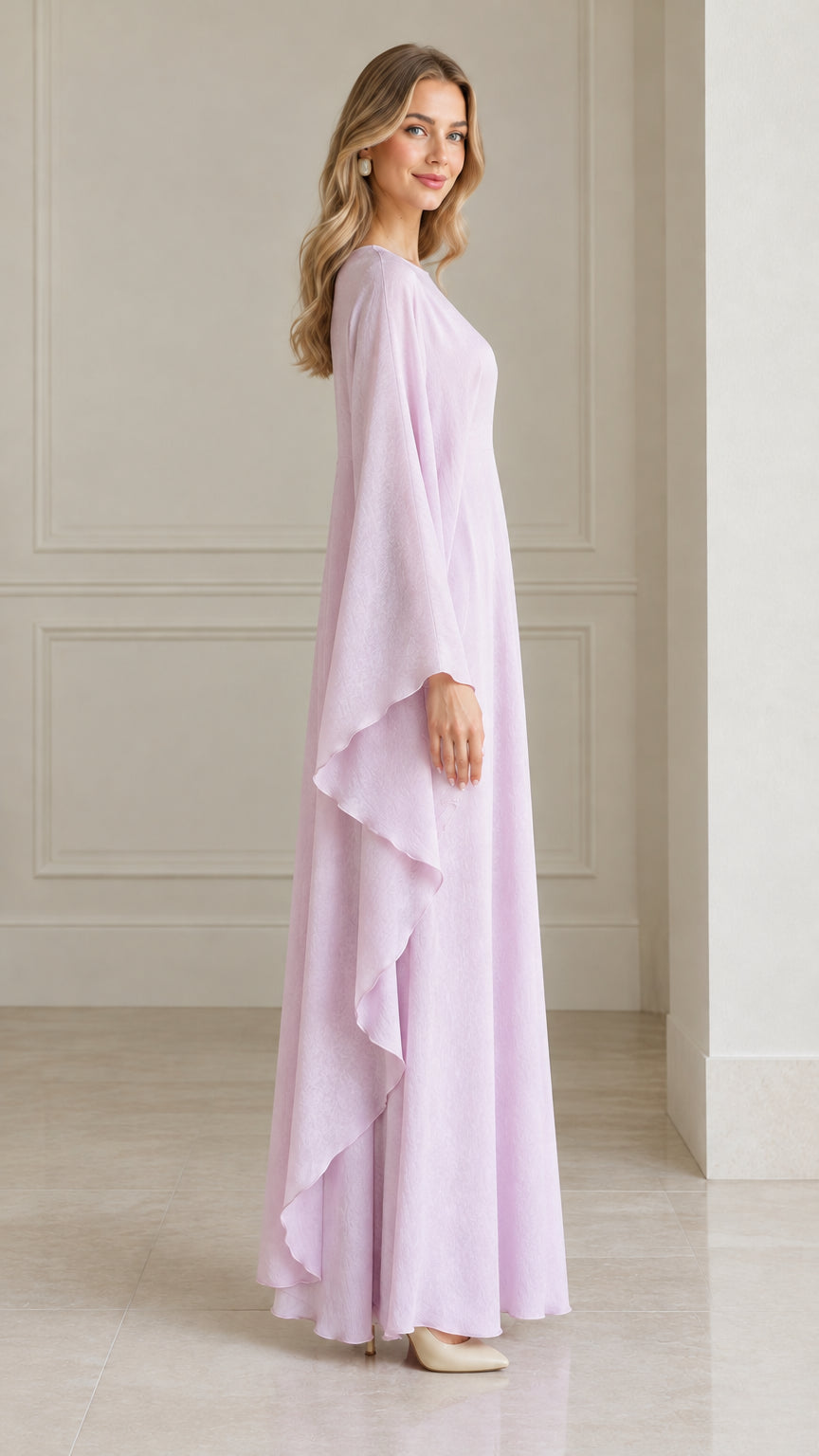 Side angle view of woman modeling pastel lavender cape dress