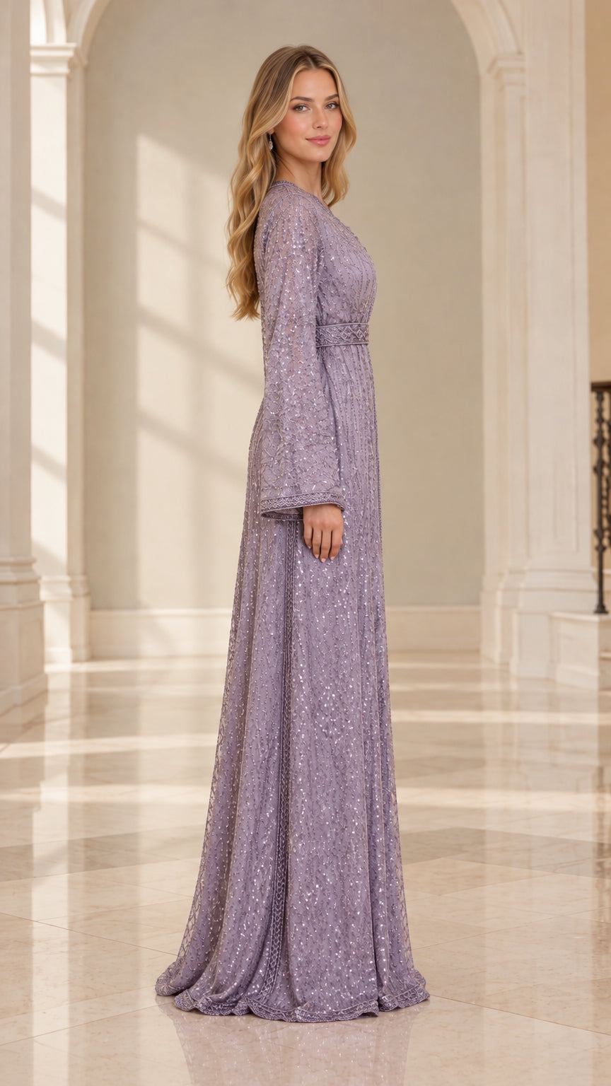 Side profile view of woman wearing Lilac sequin embroidered A-line maxi dress