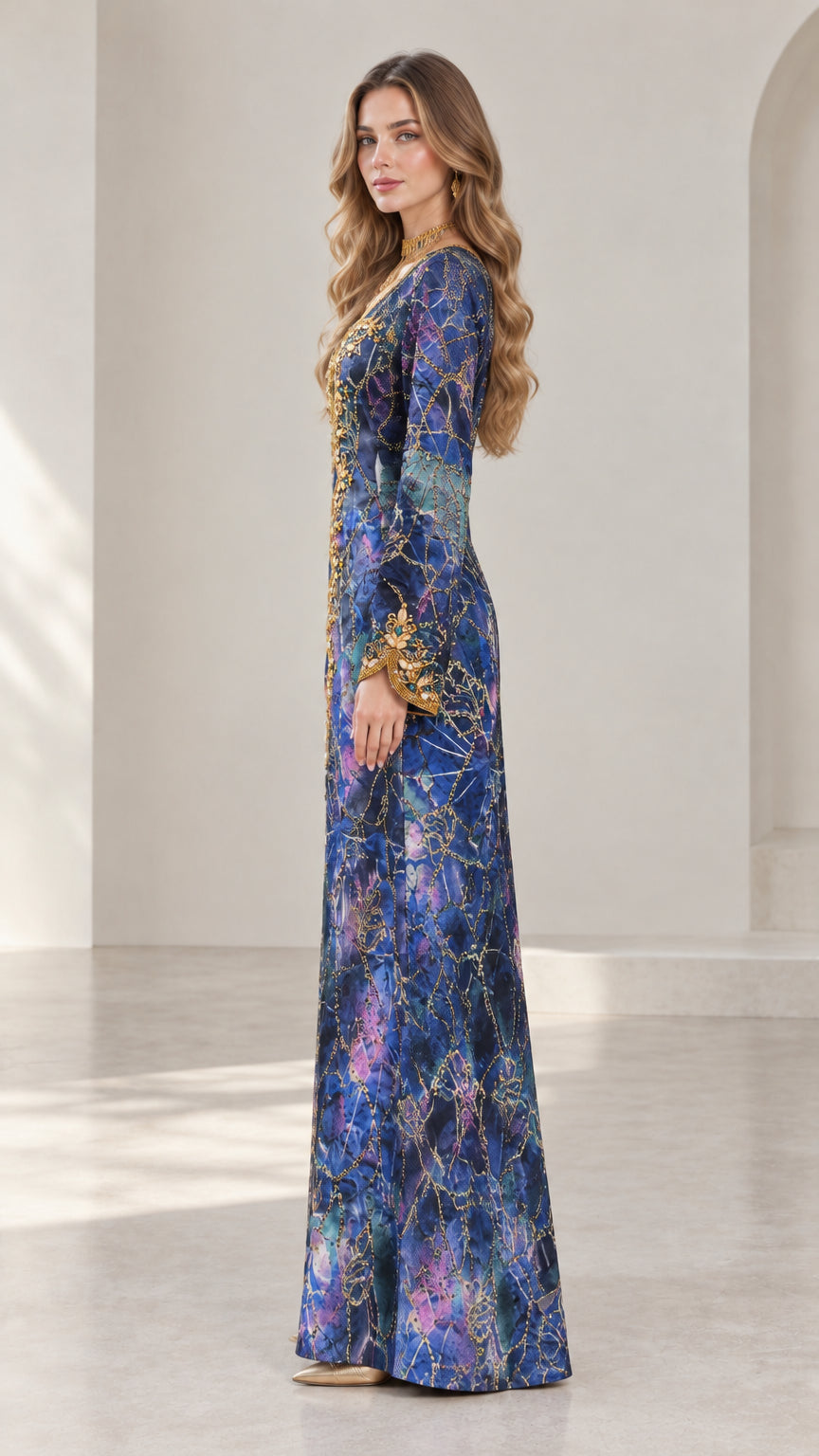 Side profile view of royal blue long sleeve kaftan dress