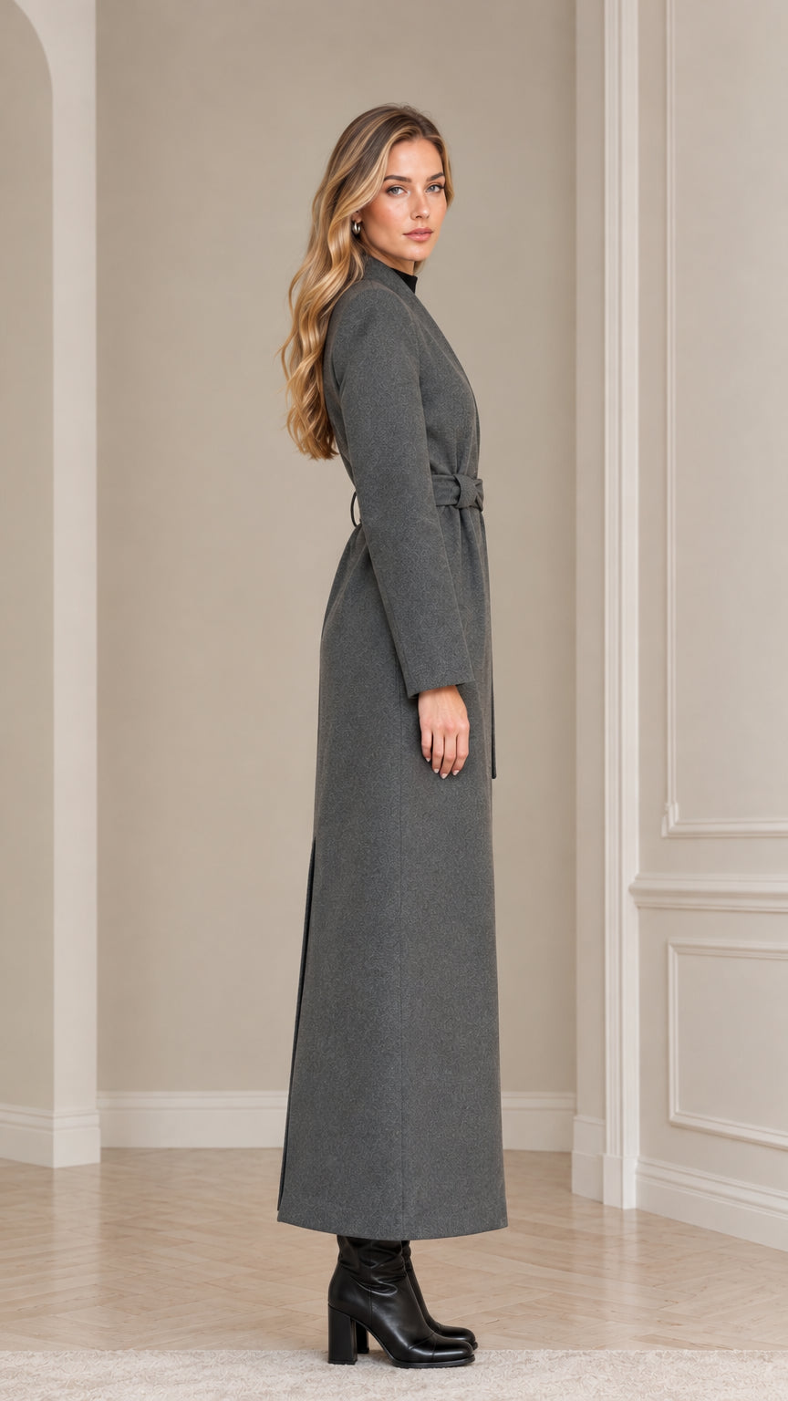 Side profile view of the Charcoal Grey tailored longline maxi coat
