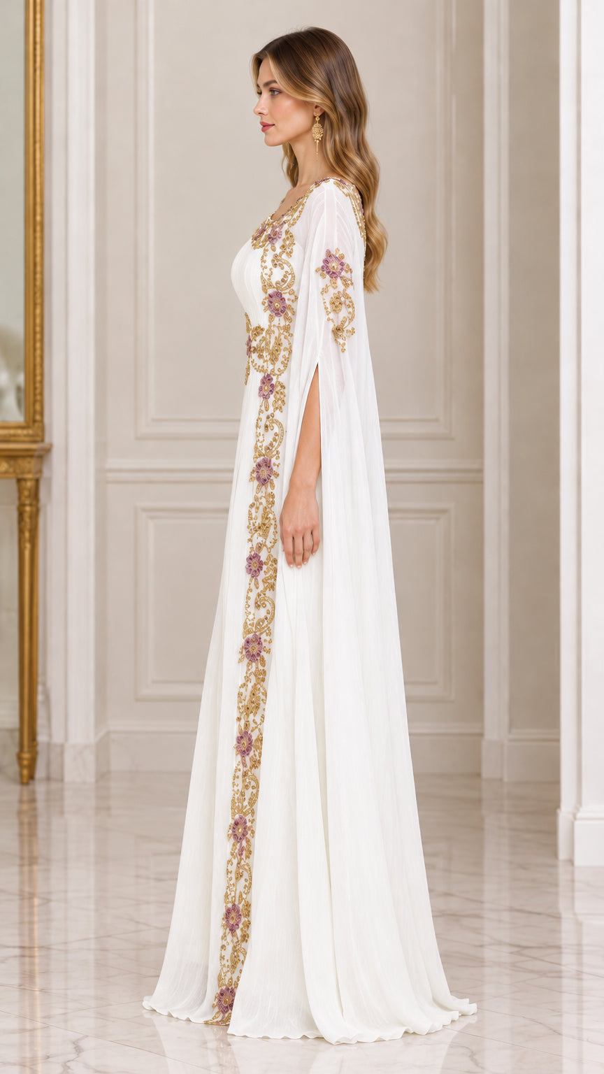 Side angle view of model in white floral embroidered cape gown showing slit sleeves