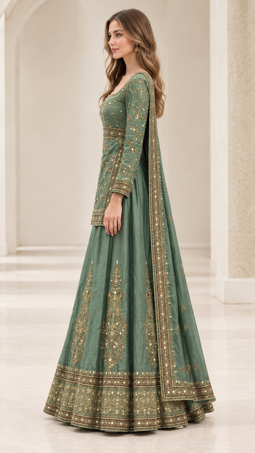 Side profile of sage green festive lehenga suit set with gold embellishments