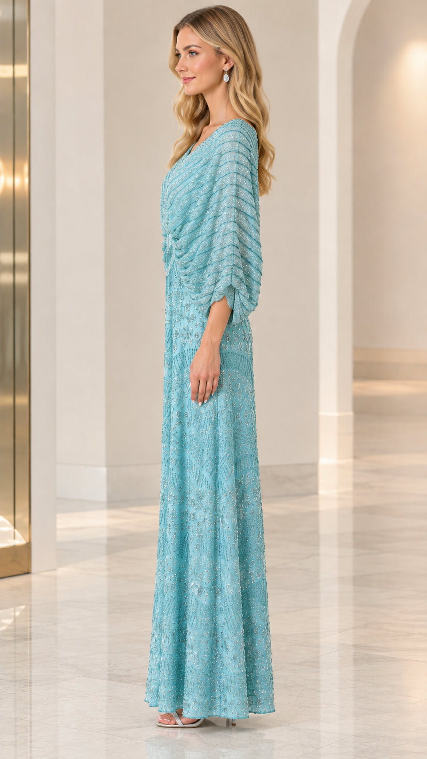Aqua beaded formal evening dress side view