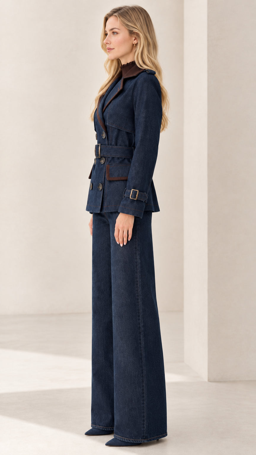 Side profile view of navy blue tailored blazer and wide-leg trousers outfit