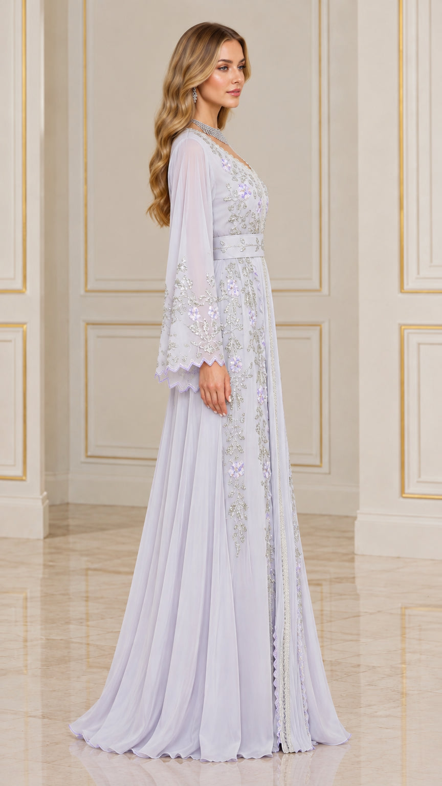 Side angle view of model wearing lilac embroidered flare sleeve maxi dress