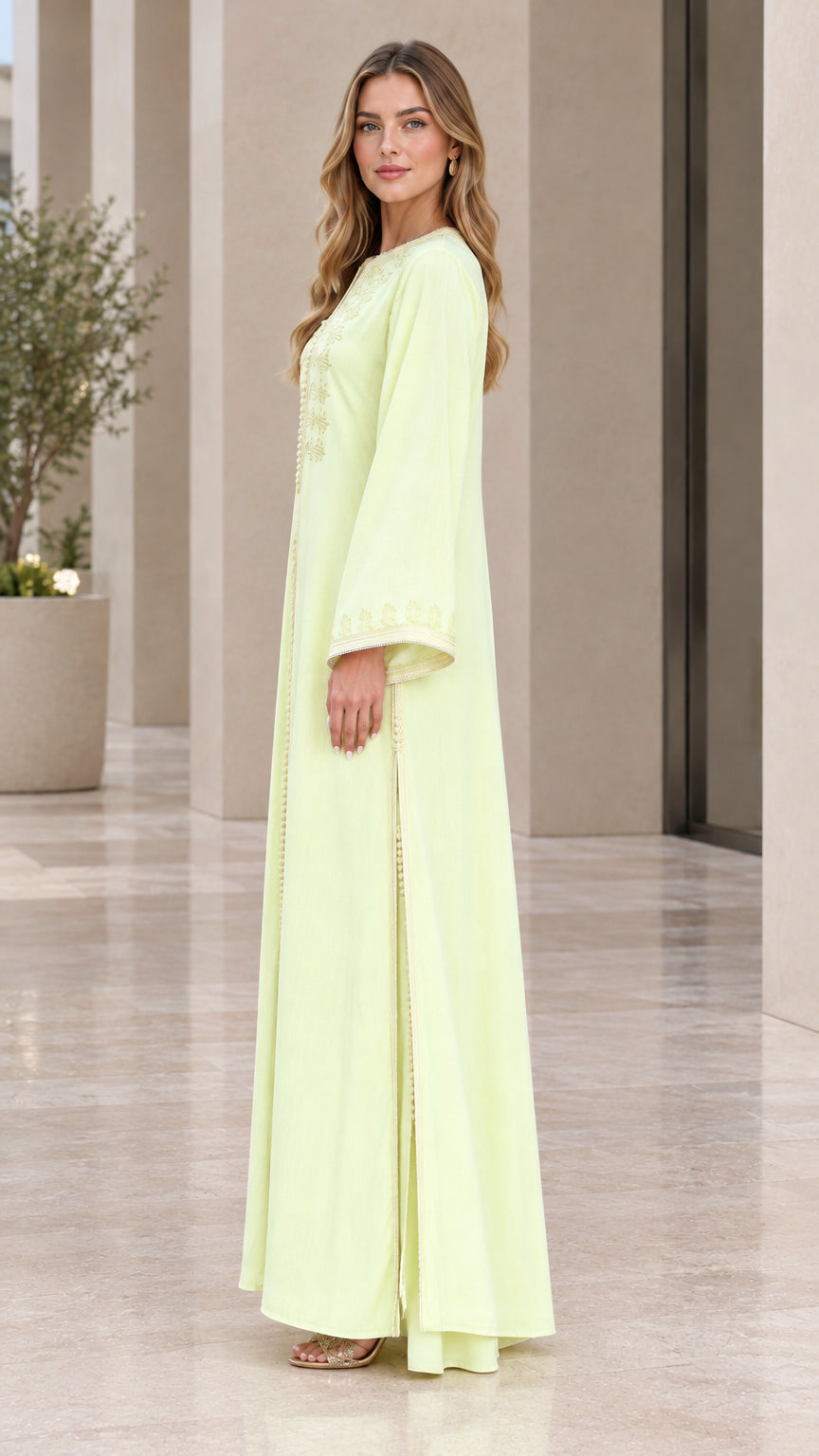 Light green modest embroidered kaftan dress side view