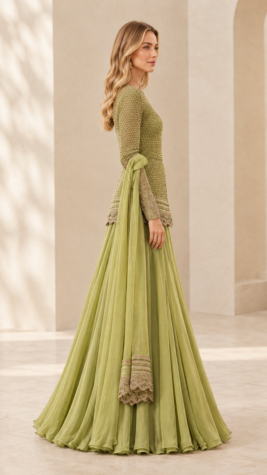 Side angle view of sage green embellished formal evening set showing silhouette and drape