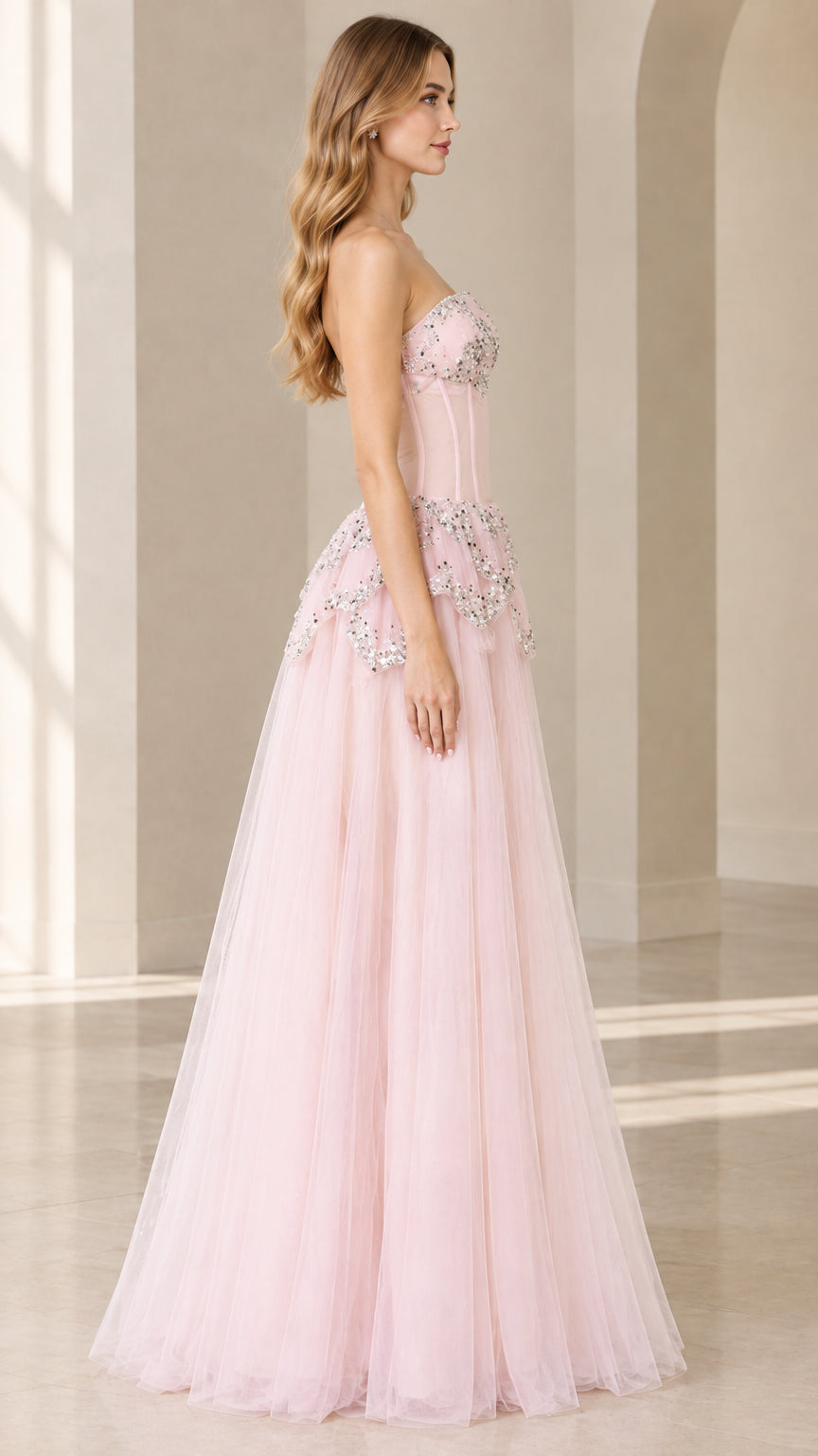 Blush Pink strapless corset tulle ballgown side profile view