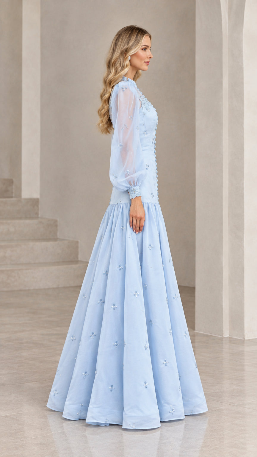 Sky blue formal maxi dress with sheer bishop sleeves side profile view